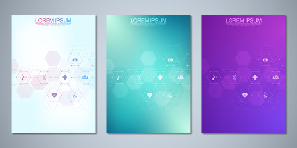 模板小册子或封面书，页面布局，传单设计。理念与理念为医疗事业，创新医药、制药、科技。医疗背景与平面图标和符号。图片下载