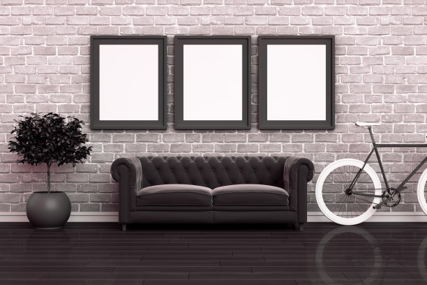 3D室内，客厅，沙发和砖墙空框架图片下载