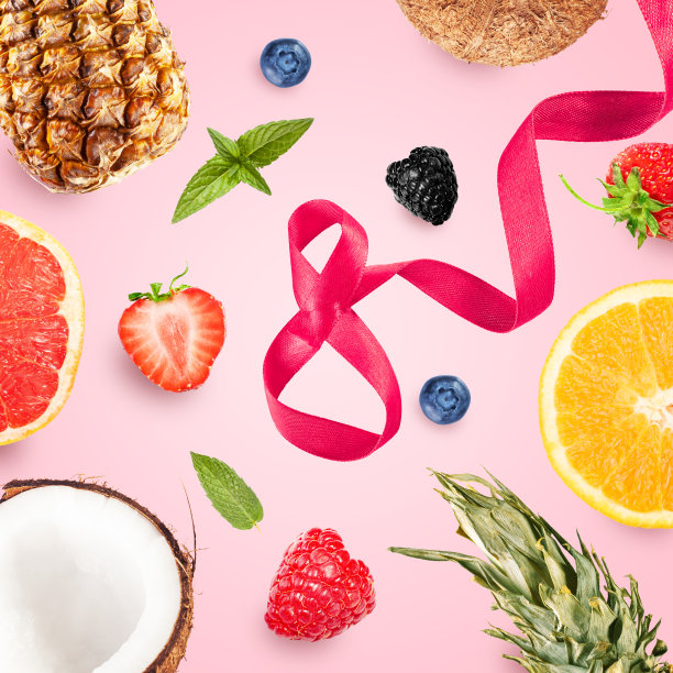 3月8日。粉红色的缎带贺卡。妇女节快乐。美丽的水果组成图片下载