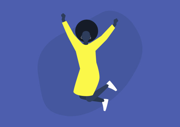 年轻兴奋的黑人女性角色跳跃，表达积极的情绪，有乐趣，良好的氛围图片下载