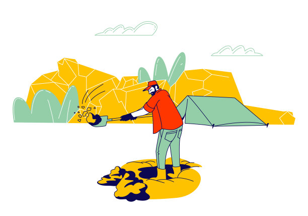 地质学家或考古学家科学家用专业设备进行挖掘，用铲子挖掘土层和探索矿物矿石样品，卡通平面矢量插图，线条艺术图片下载