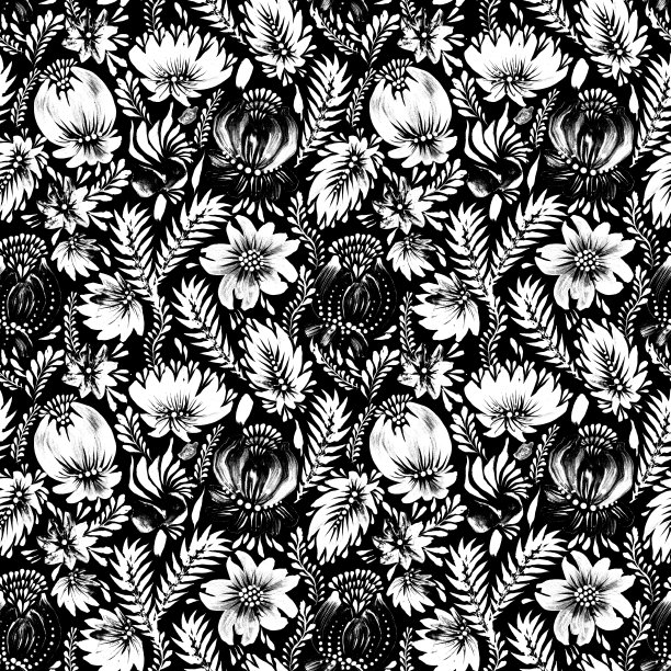水彩画花卉无缝图案是民俗画的风格。手绘幻想白花、叶、枝以黑色为背景。蜡染、页填充物、海报、纺织品印刷、包装纸图片下载
