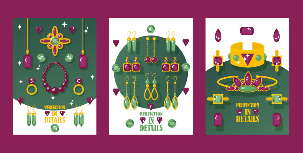 珠宝店横幅，矢量插图。镶着宝石的闪闪发光的黄金珠宝。扁平风格的珠宝卡片，细节完美。女性美容时尚配饰和珠宝。图片下载