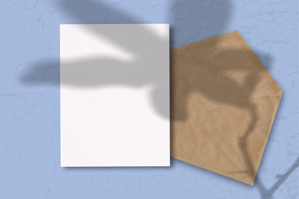 一个有着蓝色背景的白纸的信封。模型与植物阴影覆盖。自然光从上面投射出植物和花卉的影子图片下载