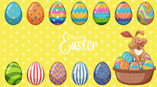 海报设计的复活节与复活节兔子和彩蛋在篮子里图片下载