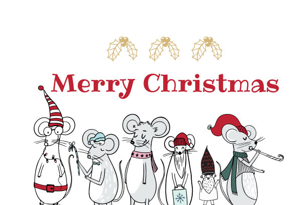圣诞快乐的礼品卡模板与可爱的卡通鼠标。假日正面打印明信片。图片下载