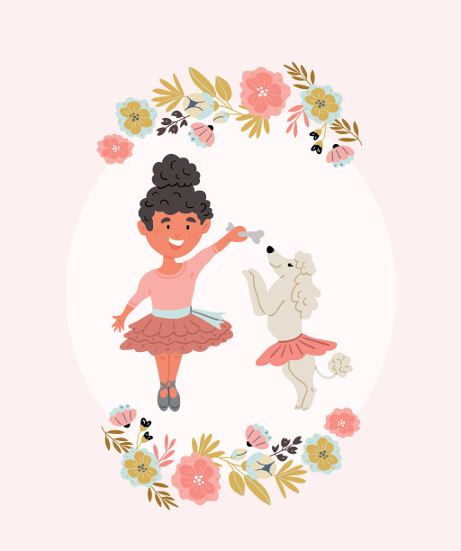 女芭蕾舞演员和狮子狗的插图图片下载