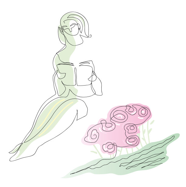 一个女人在花园里看书的连续线条画。图片下载