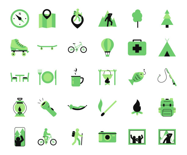 元素露营，远足和运动的网页设计。设置夏季露营和户外平面图标。图片下载