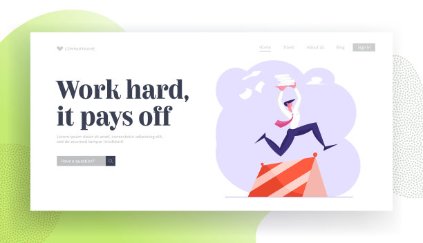 忙碌的一天，会计官僚，挑战网站登陆页。带着牛排文件的男人越过障碍。商人超负荷工作网页横幅。卡通平面矢量插图图片下载
