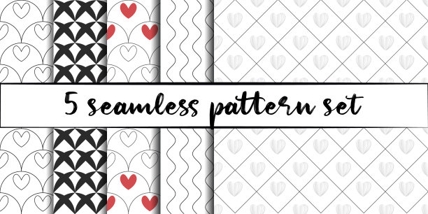 设置5个简单的装饰矢量无缝模式。用于瓷砖，墙纸，油毡，纺织品，包装纸，网页，儿童，情人节，明信片。背景或墙纸与心图片下载