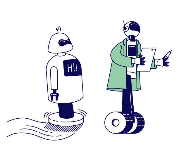 机器人帮助人类生活工作在办公室，聊天机器人协助，在线回答问题，人工智能。未来技术，自动化卡通平面矢量插图，线艺术图片下载