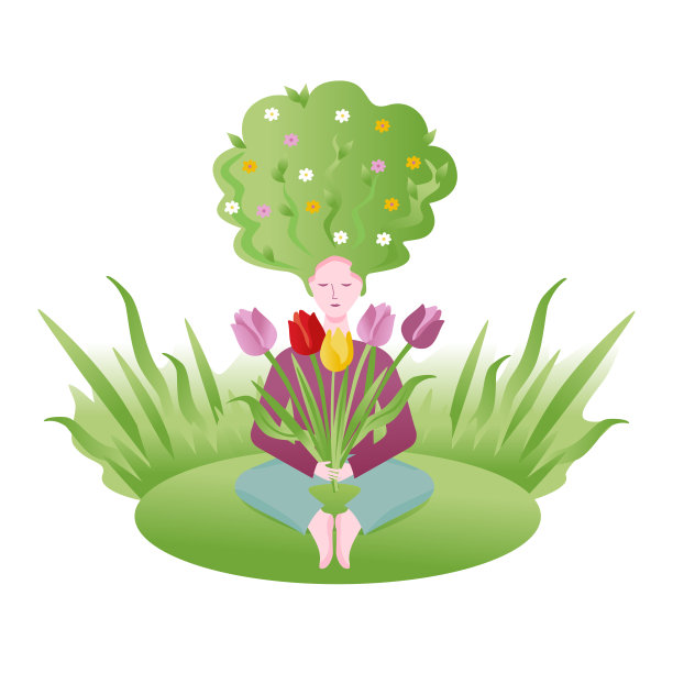 那个女孩拿着郁金香坐着。草和花长在我的头上。春天的女人。矢量插图。图片下载