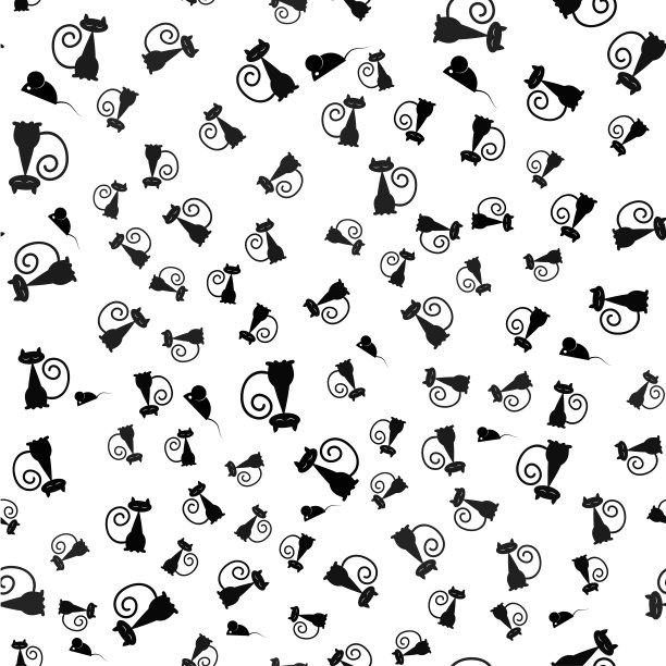 无缝背景与一张猫和老鼠的图片。时尚的设计黑白图像上的白色孤立的背景。矢量插图。图片下载
