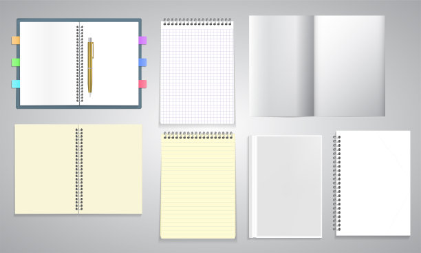 3d螺旋记事本，每日计划与一支笔，笔记本与空白和划线表矢量插图组模型，公司小册子或宣传册模板。复制空间为消息，品牌准备好图片下载