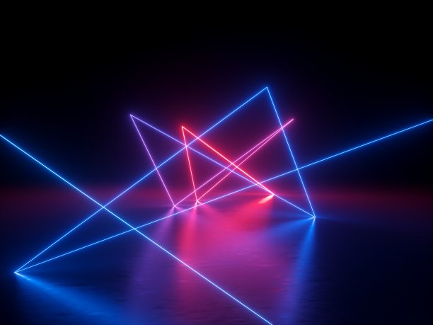 三维抽象氖光背景，混沌轨迹路径发光的紫外光谱，光束，紫蓝红激光射线图片下载