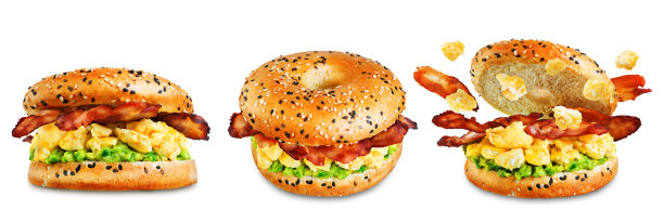 煎培根，鳄梨，奶酪，鸡蛋，沙拉，百吉饼，白色的孤立的背景图片下载