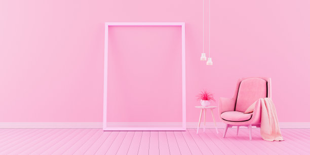 粉色客厅室内设计。模拟与淡粉色扶手椅，空粉红色墙与自由空间在左侧3D渲染图片下载