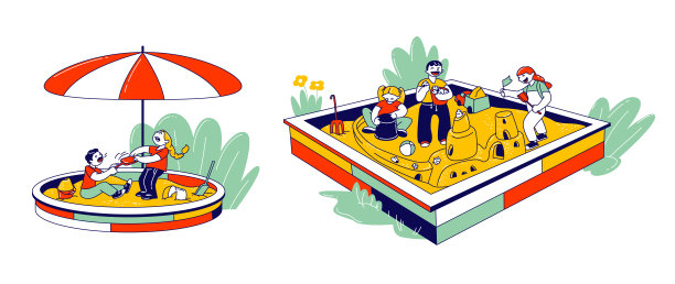 男孩和女孩在娱乐娱乐公园或房子院子里玩沙盒儿童游戏。有趣的人物建设沙堡，共享玩具卡通平面矢量插图，线艺术图片下载