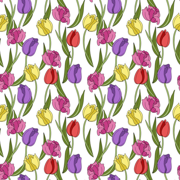 手绘矢量插图花卉无缝模式与彩色花束鲜花郁金香在白色的背景。图片下载