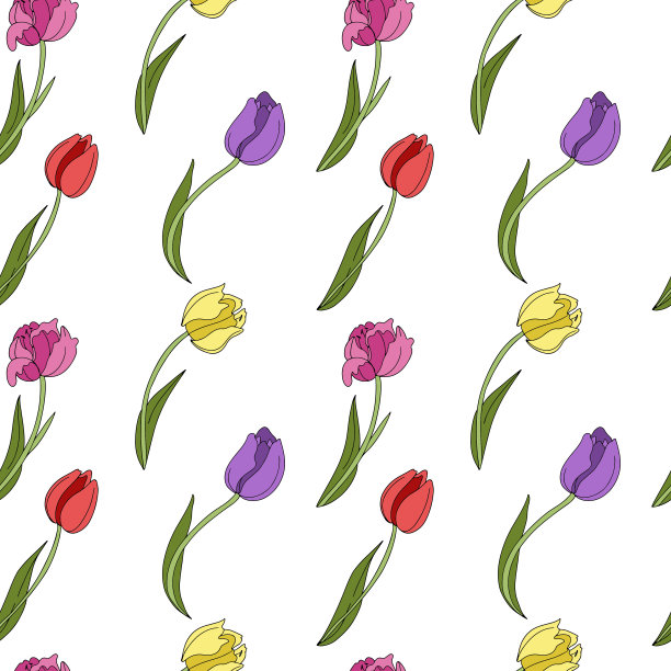 手绘矢量插图花卉无缝模式与彩色花束鲜花郁金香在白色的背景。图片下载