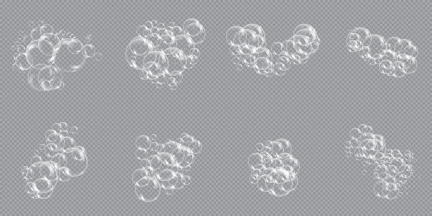 沐浴泡沫肥皂与气泡隔离矢量插图透明背景。一套洗发水和肥皂泡沫泡沫向量插图。图片下载