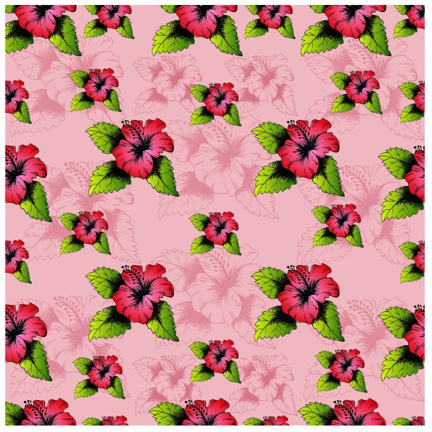 红色木槿和绿色叶子的无缝图案。手绘芙蓉。图片下载