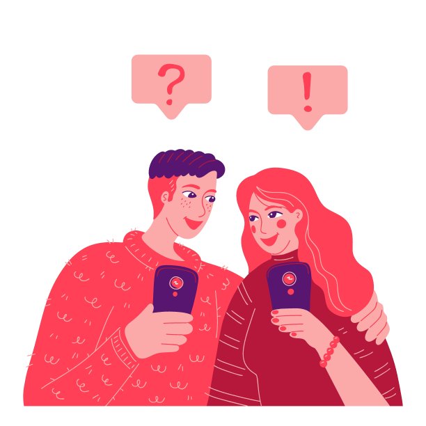 一对男孩和女孩拿着智能手机看着对方。友谊，爱情，关系，交流。向量图片下载