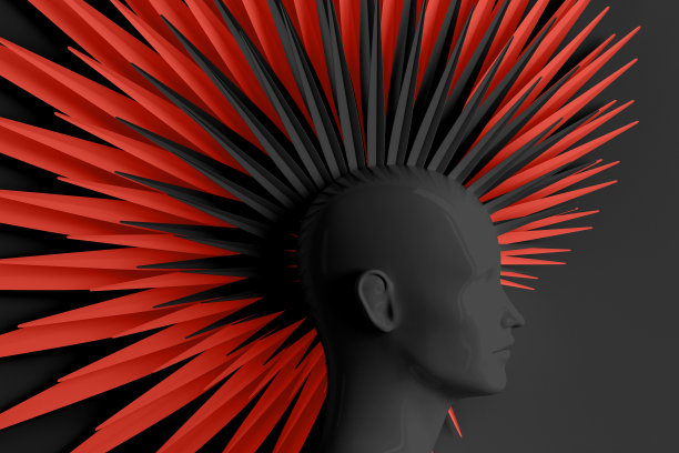 创造性的黑色背景与三维头部的年轻女子在侧面与程式化的莫霍克发型。三维演示图片下载