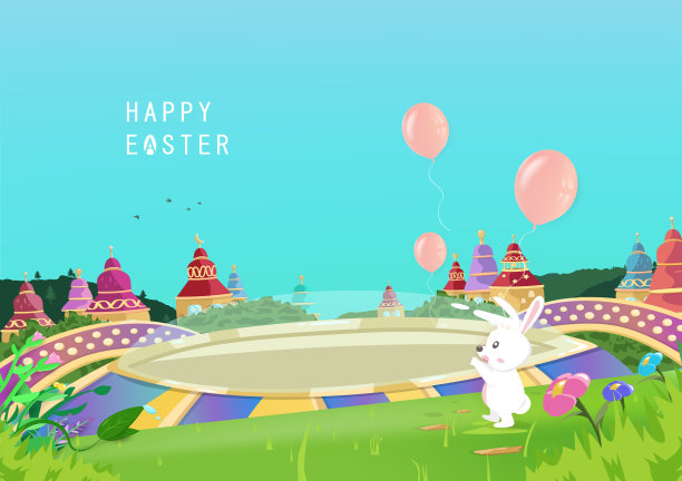 复活节快乐，贺卡，奇幻城市童话故事，卡通人物兔子节日海报矢量插画图片下载