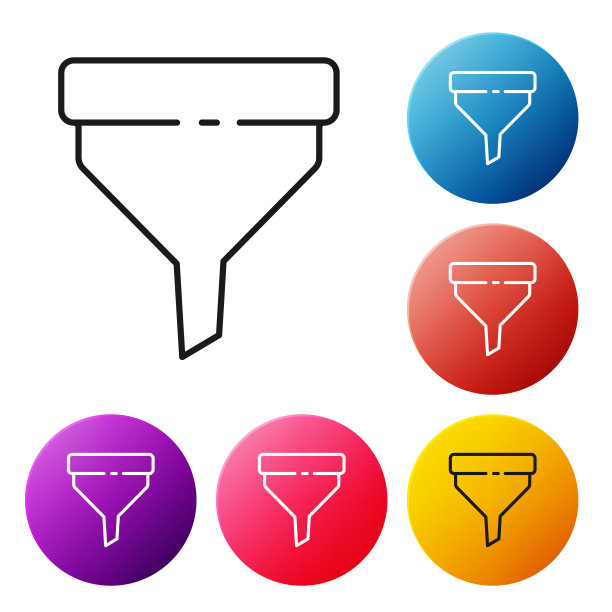 黑线漏斗或过滤器图标孤立在白色背景上。设置彩色圆形按钮图标。矢量图图片下载