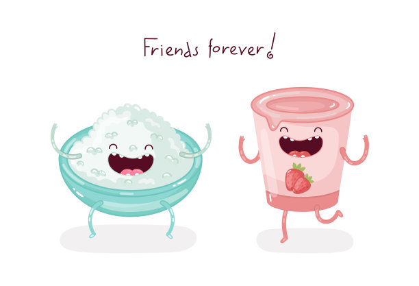 可爱的涂鸦人物，一碗白软干酪和草莓酸奶永远是最好的朋友。图片下载