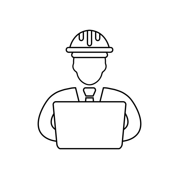 土木工程师在笔记本电脑后面，维修人员，技术员，矢量线图标。线性向量插图。象形文字孤立在白色背景上。每股收益10。图片下载