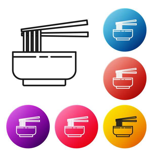 黑色线亚洲面条碗和筷子图标孤立在白色背景。街头快餐。韩国菜，日本菜，中国菜。设置彩色圆形按钮图标。矢量图图片下载