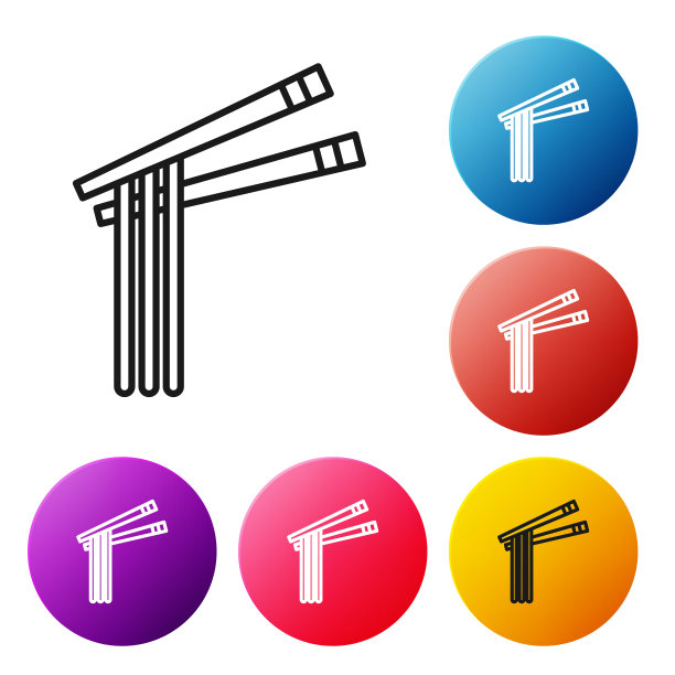 黑色线亚洲面条和筷子图标孤立在白色背景。街头快餐菜单。韩国菜，日本菜，中国菜。设置彩色圆形按钮图标。矢量图图片下载