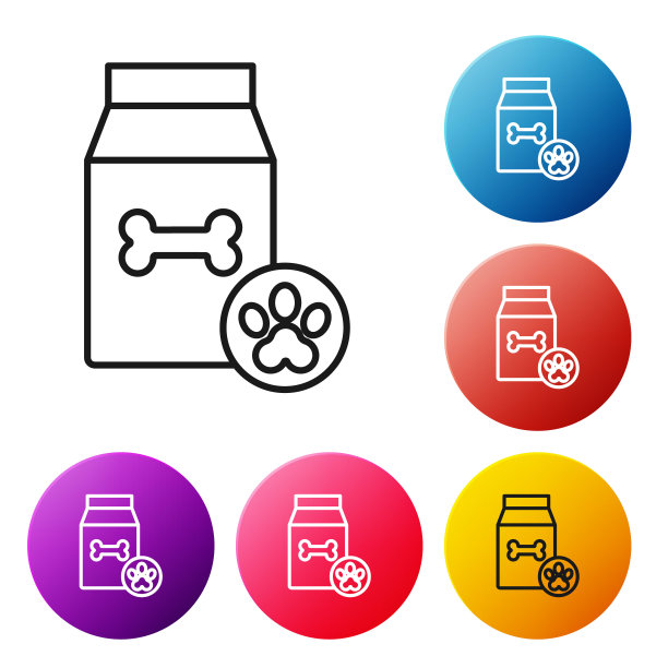 黑色线宠物食品袋图标隔离在白色背景。动物的食物。狗骨头的迹象。宠物食品包装。设置彩色圆形按钮图标。矢量图图片下载