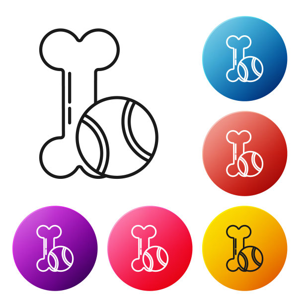 黑线宠物玩具骨头橡胶和球图标孤立在白色背景。设置彩色圆形按钮图标。矢量图图片下载