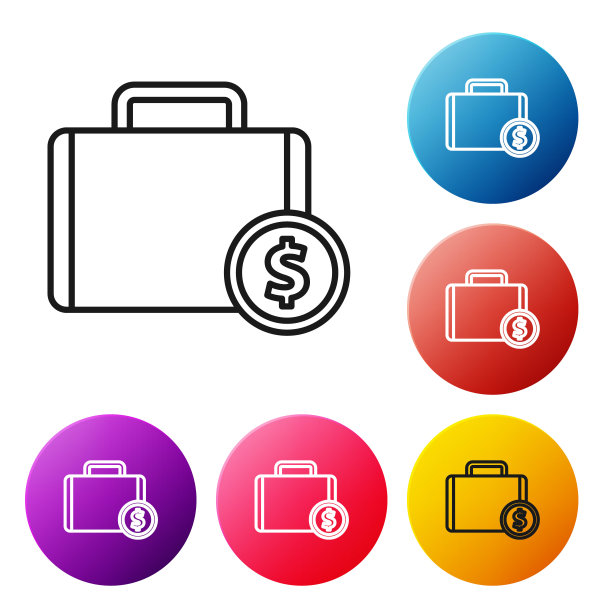 黑线公文包和金钱图标孤立在白色背景。业务用例的迹象。业务组合。设置彩色圆形按钮图标。矢量图图片下载