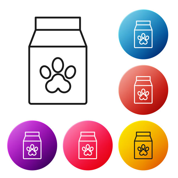 黑色线宠物食品袋图标隔离在白色背景。动物的食物。宠物食品包装。狗或猫的爪印。设置彩色圆形按钮图标。矢量图图片下载