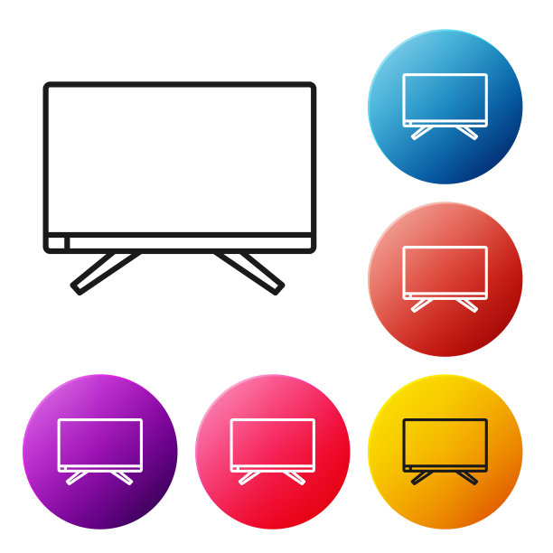 黑线智能电视图标孤立在白色背景。电视信号。设置彩色圆形按钮图标。矢量图图片下载