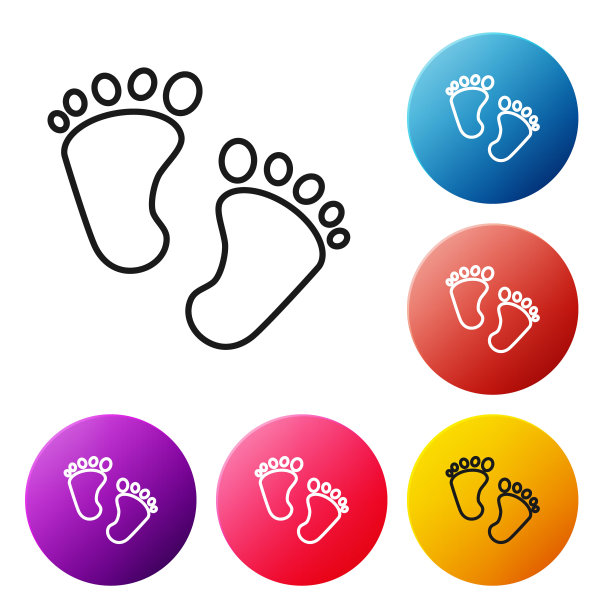 黑线婴儿脚印图标孤立在白色背景。宝宝脚的信号。设置彩色圆形按钮图标。矢量图图片下载