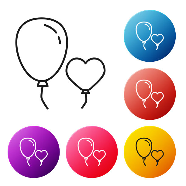 黑色线气球心形的形式与丝带图标孤立在白色的背景。设置彩色圆形按钮图标。矢量图图片下载