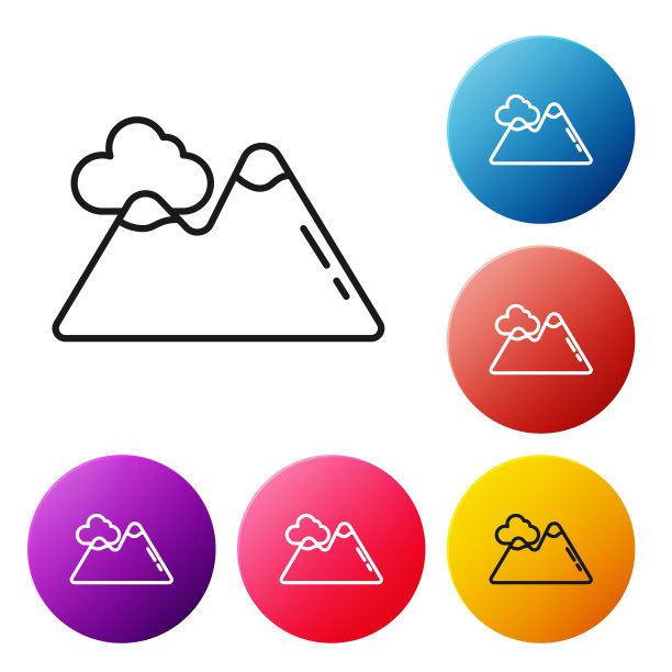 黑线山图标孤立在白色背景。象征胜利或成功的概念。设置彩色圆形按钮图标。矢量图图片下载