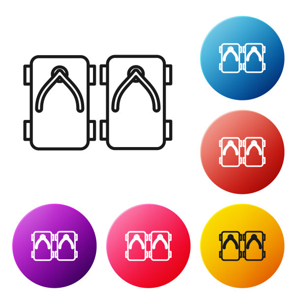 黑线Geta传统日本鞋图标孤立在白色背景。设置彩色圆形按钮图标。矢量图图片下载