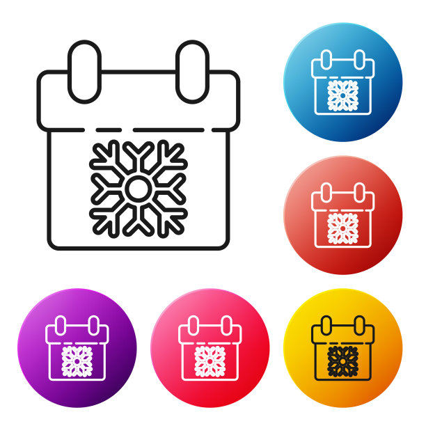 白色背景上的黑色线条日历图标。活动提醒符号，圣诞和新年快乐。彩色圆形按钮矢量图图片下载