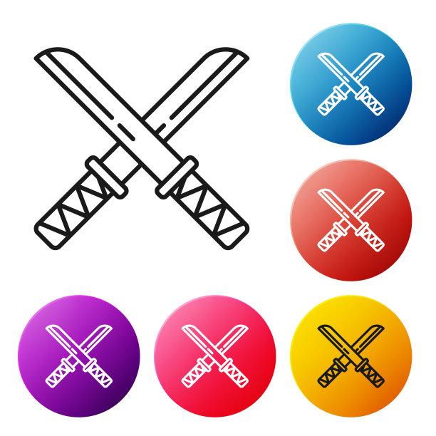 传统的日本武士像孤立在白色背景上。日本刀。设置彩色圆形按钮图标。矢量图图片下载