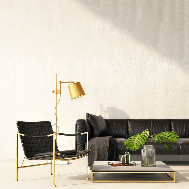 室内设计，混凝土墙面和混凝土地板上的黑色真皮沙发，3d插图。三维渲染图片下载