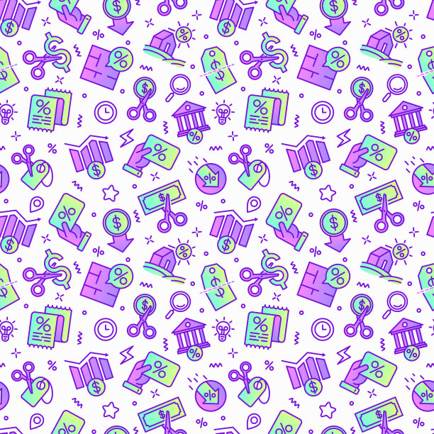利率削减无缝模式与细线图标:削减价格，成本减少，销售，折扣，收据，忠诚卡，利息。现代向量插图。图片下载