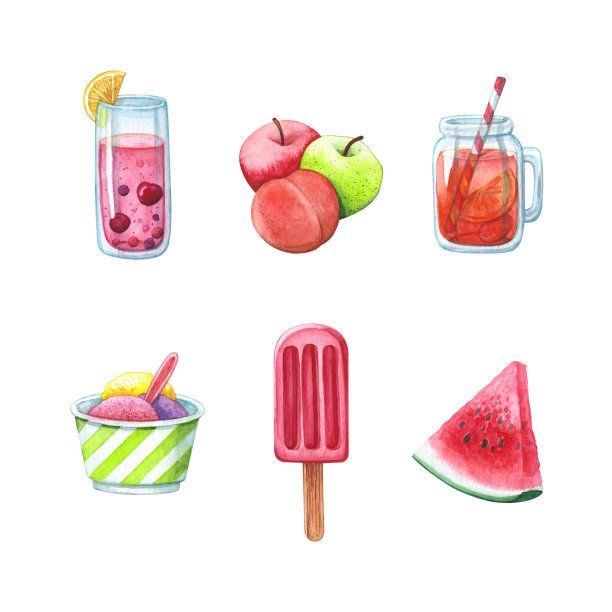 夏日套装冰淇淋、水果和果汁图片下载