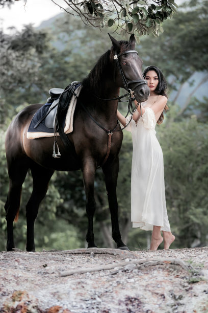 穿着白色连衣裙，站在棕色马旁的年轻性感女性肖像图片下载